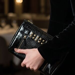 Rihanna Rebelle Black Clutch Bag Handbag Croc-Embossed Studded